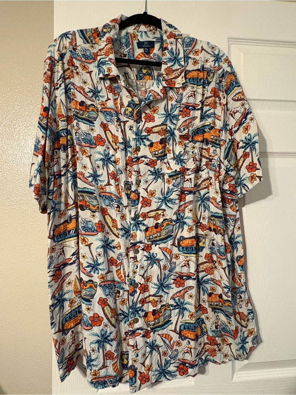 Tropical Surf Print Short Sleeve Button-Up Shirt - White with Blue & Orange